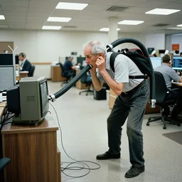 In an call centre office, A skinny old Man with a old television strapped to his back ,flexible industrial pipes join his ears and mouth to the television, fibres trial on the floor , full colour ,4k ,Kodak portra 400