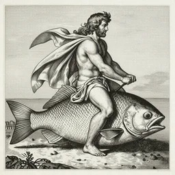 High detailed, finely finished woodcut of James Gandolfini as Neptune riding a giant fish. Old master print by Gotlzius