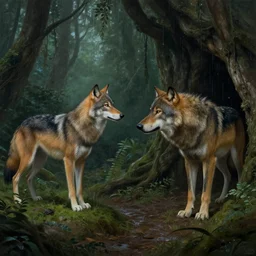 mother wolf saying good bye to father wolf as he leaves the cave to go hunting in the evening, hyper realism, fine details, studio lighting, subtle shadows, rainforest, art by tim okamura and karol bak, canon eos r 3, f / 1. 4, iso 2 0 0, 1 / 1 7 0 s, 8 k, raw, unedited, in - frame