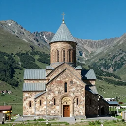 Church at the foot of Mount Kazbek, photograph,