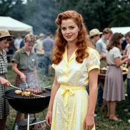 an image of a queen with tan skin long rippling cinnamon hair and emerald colored eyes attending a barbecue for youth volunteers in a medium full shot, vintage historical fantasy 1 9 3 0 s kodachrome slide german and eastern european mix. she is pictured smiling at the camera. she is dressed in a yellow white midi shirt dress paired with a floral classic pump.