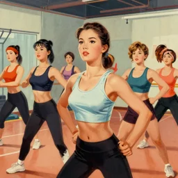 girls group fitness class in a gym, very coherent, detailed faces, 1 9 9 0 s propaganda poster art, multicolor, muted colors