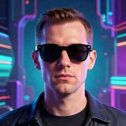 portrait of max headroom wearing sunglasses, abstract 3 d background, synthwave, octane, craig mullins,