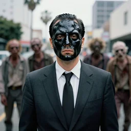 sharp portrait of a man in a suit with a face made of black shiny leather standing in los angeles, blured zombies on a background, bokeh, detailed, film photography, kodak portra 4 0 0, mamiya,
