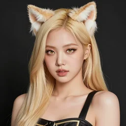 realistic beautiful gorgeous natural cute Blackpink Lalisa Manoban blonde hair cute fur blonde cat ears in virgin killer outfit golden eyes artwork drawn full HD 4K highest quality in artstyle by professional artists WLOP, Taejune Kim, Guweiz, ArtGerm on Artstation Pixiv