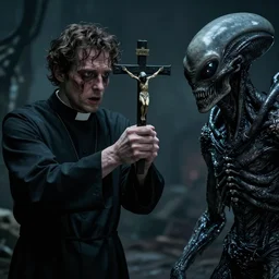 Detail on scene, where terrified priest with tormented eyes is aiming the crucifix at grey ugly Alien, dark, horror atmosphere, the essence of evil, by Lee Madgwick