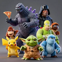 pizza godzilla yoda donkey kong pikachu yeti shrek super robot homer groot waluigi darth vader mike wazowski, highly detailed, extremely high quality, hd, 4 k, 8 k, professional photographer, 4 0 mp, lifelike, top - rated, award winning, cinematic, realistic, detailed lighting, detailed shadows, sharp, no blur, edited, corrected, trending