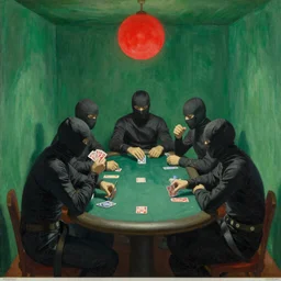ninjas playing poker, inside a tiny green room with red lights by joaquin sorolla, greg rutkowski, hokusai