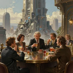 an intricate concept art of a few rich people drinking in a bar on top of a building overlooking a towering destroyed megastructure city, sci-fi, cinematic lighting, hyper realistic, art by dylan cole, detailed matte painting, digital art