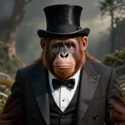 a orangutan wearing a top hat and a tuxedo suit, digital art,