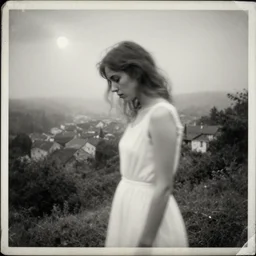 a double exposure of a beautiful side view portrait from above of a solemn young woman looking down, apparition, ghostly, white dress, motion blur, shaking head, with a landscape photo of a misty old village, muted tones, dappled moonlight, scratched photo, damaged edges, old, black and white damaged photo, very old