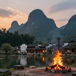 chinese village built around a lake with forest at the foot of green gigntic mountains at sunset, fireplace, hyperdetailed, artstation, cgsociety, 8 k