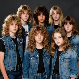 group of 1 9 - year - old boys and girls with shaggy wavy hair, wearing double denim, proto - metal band promo, heavy rock band promo photo, early heavy metal, 1 9 7 5 photo