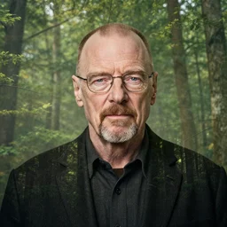 professional photography, walter white portrait with a forest double exposure, cross process