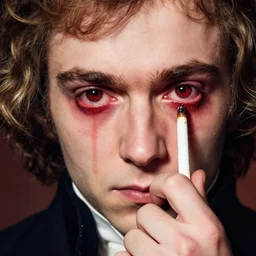 Mozart bloodshot eyes holding a joint