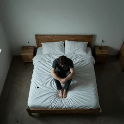 A lonely man sits on his bed in an empty room, birds-eye view, sad, depressing, isolating