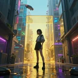 cyberpunk, a beautiful young girl hiding in grey alley surrounded by colorful glass buildings, flying cars, golden ratio, volumetric lighting, reflective, artstation,