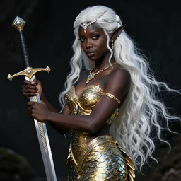 a fantast beauty detailed elf mermaid candice swanepoel with black skin, with a curved sword, platinum white wavy long hair, white headband in the front with diamonds, jewelry body armor in golden and silver colors, pointy ears, detailed, epic masterpiece of cinematographic hyperrealism, realistic shaded lighting poster by craig mallismo, artgerm, jeremy lipkin and michael garmash