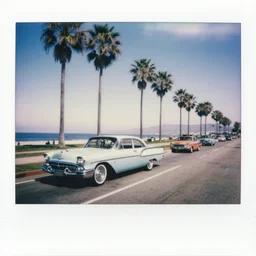 california 1 9 5 0, road along the sea, palm trees in a row, vintage cars, retro, vintage, pastel colors, realistic photo, polaroid