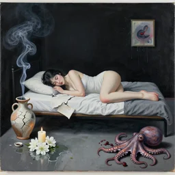 bedroom with black walls and a futon, sensual portrait of a woman sleeping, cracked handmade pottery vase, torn paper smouldering smoke, candles, white flowers on the floor, puddle of water, octopus, squashed berries, surrealism, acrylic and spray paint and oilstick on canvas