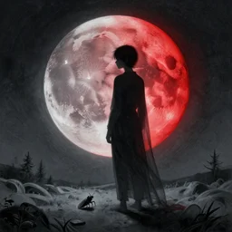 shadow - realm entity, the young moon paints itself red, cicadas grow quiet, the cold breeze solemnly swept off the deadliest deeds, loudly unnoticed, highly conceptual figurative art, intricate detailed illustration, controversial poster art