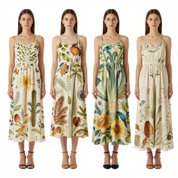 4 elegant full length dress designs with natural history prints designed by alphonso mucha