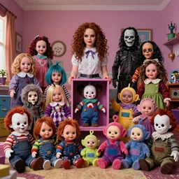 a colorful portrait photograph of divine in a kid room, with creepy cursed dolls like little miss no name, face bank, fearsome flush, cursed mickey, blippy in the box, jolly chimp, fingertronic howdy doody electronic puppet, skinny bones, cursed teletubbies, trolls, boobahs, chucky, jigsaw, leatherface, michael myers, pazuzu, chatterer, pennywise, pale man in 1 9 9 0 s, studio light photography, high definition, 8 k, taken by alex webb