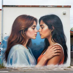 the lovers as graffiti mural by lee, masterpiece, trending on artstation