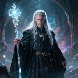 a powerful mage holding a glass staff, magic background, cinematic lighting, powerful aura