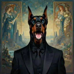 realistic detailed portrait movie shot of a snarling doberman - headed man wearing an elegant suit, sci fi landscape background by denis villeneuve, amano, yves tanguy, alphonse mucha, max ernst, roger dean, masterpiece, rich cold moody colours, dog teeth, blue eyes
