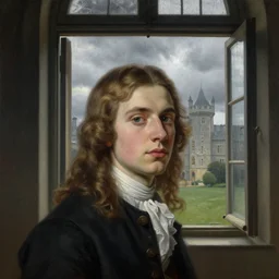 museum painting, wide - shot, realistic face, beautiful teenager young man, with shoulders - length!!! brown blonde hair tied!!, grey eyes, wavy, clothes of 1 8 th century, near the open window in a castle, bad weather, clouds and rain outside, sharp focus, highly detailed, digital art, matte painting, masterpiece, by artgerm, by greg rut