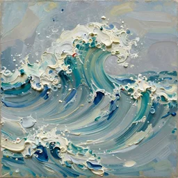 oil paint impasto relief, beautiful powerful waves, colours teal white cream grey blue, multi layered thick brush marks, some splattered paint, in the style of ivan shishkin and frank auerbach and rene lalique