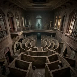 full - color photo of the interior of the winchester mystery house. the interior architecture and layout are illogical, surreal, bizarre, complicated, and labyrinthine. there is a faintly - visible victorian ghost lurking and hiding.
