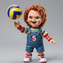 screaming chucky doll playing volleyball and wearing tight volleyball shorts