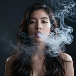 candid portrait of a very very beautiful young filipino woman with narrow face and flowing long hair, dramatic swirling thick dreamy smoke coming from her mouth, face partially obscured, dark background, by conrad roset, abstract, thought provoking, dramatic lighting, trending on artstation