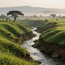 erosion channels river, green hills savanna tree, mountains background, early morning light fog, heavy grain, high quality,