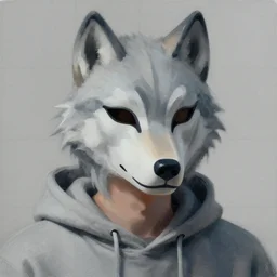 detailed 6 0 0 mm real photography of random asian guy using grey hoodies and wolf mask focuses on the nuances of the human face and subtle shifts in tonal value, silhouette composition, neutral, cool - toned palette, fluid patterns, powerful composition, opaque paints, grid method.