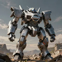 a concept art of a nissan combat mech, inspirated by the shape of the nissan logo, artstation