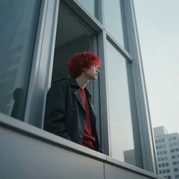 A bloodborne character looking out the window of a modern skyscraper