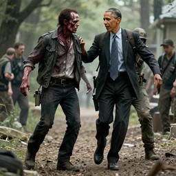 obama in the walking dead fighting a walker, highly detailed, intricate, 4 k