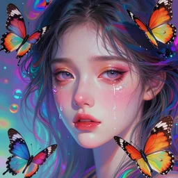 beautiful, young woman, detailed gorgeous face, sad eyes, surreal, crying, vaporwave aesthetic, synthwave, colorful, psychedelic, digital art, butterflies, birds, digital painting, artstation, concept art, smooth, sharp focus, illustration, art by artgerm and greg rutkowski and alphonse mucha
