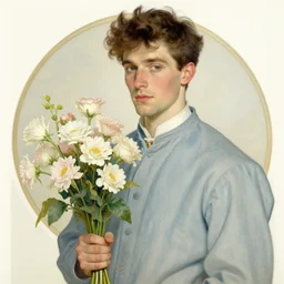 attractive man holding flowers, painting by gaston bussiere, craig mullins, greg rutkowski, alphonse mucha