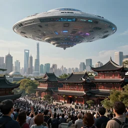 a giant alien ufo high tech spaceship eerily hovering on ancient shanghai city landscape with beautiful temples by greg rutkowski, artgerm, ross tran, magali villeneuve, intricate, time travel theme, audince in awe, spectacle, audience sorrounding, award winning, octane render, masterpiece, 8 k, beautiful