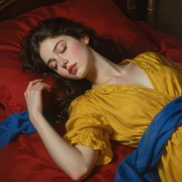 beautiful oil matte portrait painting, young woman with closed eyes lying on a red bed wearing a mustard yellow dress and blue drapes weaving along, detailed face, wonderful masterpiece highly detailed, beautiful cinematic light deep focus, elegant, digital painting, smooth, sharp focus, golden ratio, dramatic illumination, ultra realistic, 8 k, art by jimmy law