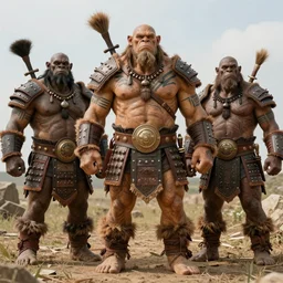 hyper realistic group vintage photograph of a warrior orc tribe, tall, muscular, hulk like physique, tribal paint, tribal armor, highly detailed