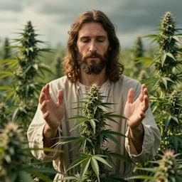 jesus spreads his hands against the background of growing cannabis. realistic render
