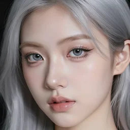 closeup photo young silver haired girl with makeup, beautiful face, pretty face, very beautiful, very detailed eyes
