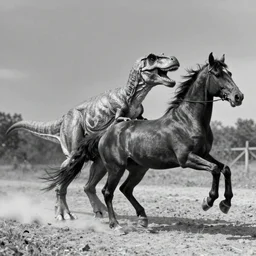 [ t rex ] and a horse with high heels, movement, black and white, photograph, 1 8 5 0 s