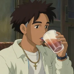 playboi carti drinking lean from a foam cup, art by hayao miyazaki, studio ghibli film, hi res, 4k, high detail