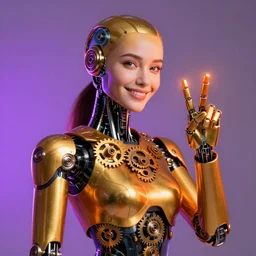 a sitting smiling female cyborg robot wearing a suit of golden metallic shiny gears, making a peace sign gesture with the right hand, orange light from the right, purple neon light from the left side, head and shoulder shot, backlit, - h 7 0 4 - w 7 0 4 - s 1 5 0 - c 1 0. 0 - n 9 - g